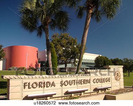 Stock Image -  Lakeland, FL, Florida, Polk County, Florida Southern College, entrance, sign, world's largest group of buildings designed by Frank Lloyd Wright, Loca Lee Buckner Theater. Fotosearch