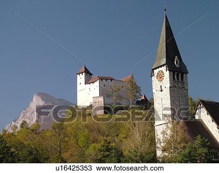 Stock Image -  Liechtenstein, Balzers, castle, church. Fotosearch