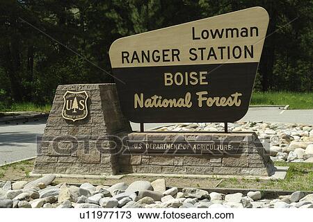Stock Image -  Lowman, ID, Idaho, Boise National Forest, Lowman Ranger Station, sign. Fotosearch