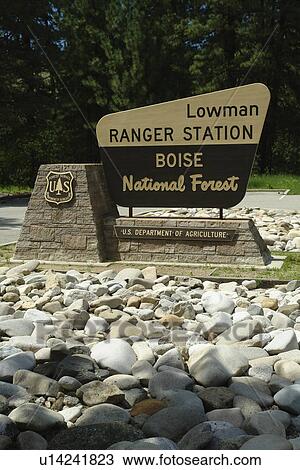 Stock Image -  Lowman, ID, Idaho, Boise National Forest, Lowman Ranger Station, sign. Fotosearch