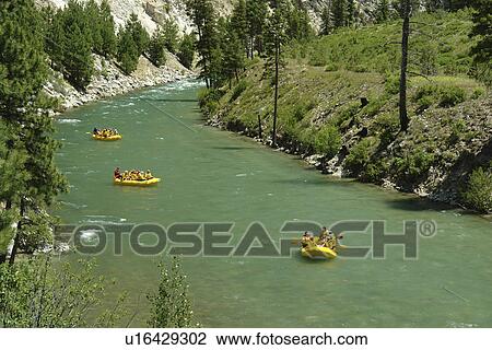 Stock Image -  Lowman, ID, Idaho, Boise National Forest, Ponderosa Pine Scenic Byway, Sawtooth Range, South Fork Payette River, whitewater rafting. Fotosearch