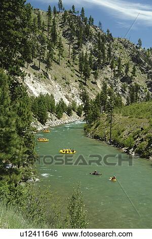 Stock Photograph -  Lowman, ID, Idaho, Boise National Forest, Ponderosa Pine Scenic Byway, Sawtooth Range, South Fork Payette River, whitewater rafting. Fotosearch