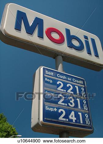 Stock Image -  Mobil Gas Station, gas prices, sign, . Fotosearch