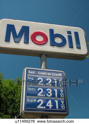 Stock Photograph -  Mobil Gas Station, gas prices, sign, . Fotosearch