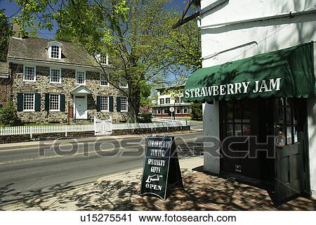 Stock Image -  New Hope, PA, Pennsylvania, Bucks County, Historic Downtown, The Parry Mansion Museum, Strawberry Jam. Fotosearch