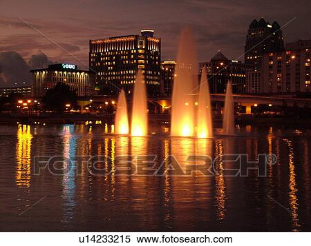 Orlando, FL, Florida, Lake Lucerne, skyline, downtown, evening, illuminated fountain View Large Photo Image Stock Photography - Orlando, FL, Florida, Lake Lucerne, skyline, downtown, evening, illuminated fountain. Fotosearch