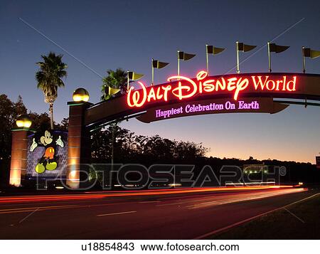 Orlando, FL, Florida, Walt Disney World Resort, evening, entrance ( Editorial use only) View Large Photo Image Stock Image - Orlando, FL, Florida, Walt Disney World Resort, evening, entrance ( Editorial use only). Fotosearch