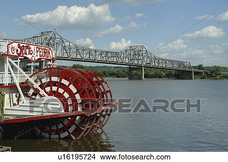 Picture -  Peoria, IL, Illinois, Illinois River, Riverfront, Paddle Wheeler, Spirit of Peoria, riverboat, Murray Baker Bridge. Fotosearch
