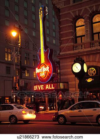 Stock Image -  Philadelphia, PA, Pennsylvania, Hard Rock CafT, guitar, neon lights, downtown, evening. Fotosearch