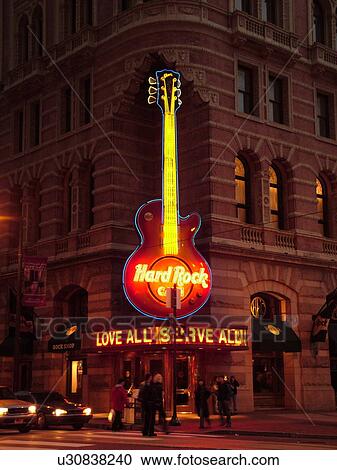 Stock Image -  Philadelphia, PA, Pennsylvania, Hard Rock CafT, guitar, neon lights, downtown, evening. Fotosearch