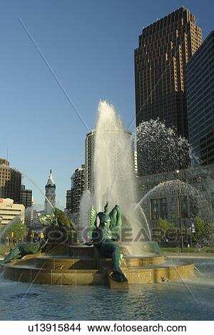 Picture -  Philadelphia, PA, Pennsylvania, Downtown Skyline, Logan Circle, fountain. Fotosearch
