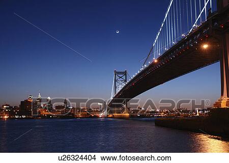 Philadelphia, PA, Pennsylvania, Delaware River, Benjamin Franklin Bridge, Downtown Skyline, evening View Large Photo Image Picture - Philadelphia, PA, Pennsylvania, Delaware River, Benjamin Franklin Bridge, Downtown Skyline, evening. Fotosearch