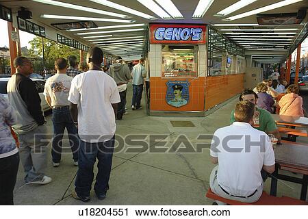 Stock Image -  Philadelphia, PA, Pennsylvania, South Philly, Geno's Steaks, the best cheese steaks. Fotosearch