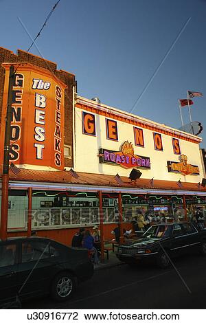 Stock Image -  Philadelphia, PA, Pennsylvania, South Philly, Geno's Steaks, the best cheese steaks. Fotosearch
