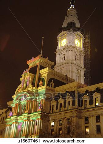 Philadelphia, PA, Pennsylvania, downtown, evening, City Hall, colorful lights on building View Large Photo Image Stock Image - Philadelphia, PA, Pennsylvania, downtown, evening, City Hall, colorful lights on building. Fotosearch