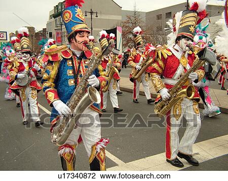 Stock Image -  Philadelphia, PA, Pennsylvania, downtown, New Years Day, Philadelphia Annual Mummer's Day Parade, 2006, String Bands, saxophones, banjos. Fotosearch