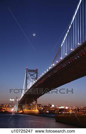 Philadelphia, PA, Pennsylvania, Delaware River, Benjamin Franklin Bridge, Downtown Skyline, evening, moonrise View Large Photo Image Stock Photo - Philadelphia, PA, Pennsylvania, Delaware River, Benjamin Franklin Bridge, Downtown Skyline, evening, moonrise. Fotosearch