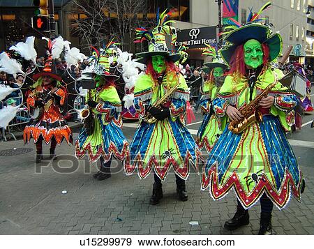 Stock Photo -  Philadelphia, PA, Pennsylvania, downtown, New Years Day, Philadelphia Annual Mummer's Day Parade, 2006, String Bands, saxophones, witch costumes. Fotosearch