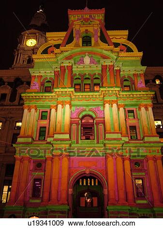 Philadelphia, PA, Pennsylvania, downtown, evening, City Hall, colorful lights on building View Large Photo Image Stock Photo - Philadelphia, PA, Pennsylvania, downtown, evening, City Hall, colorful lights on building. Fotosearch