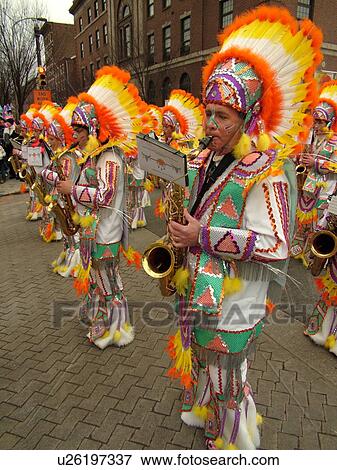 Stock Photo -  Philadelphia, PA, Pennsylvania, downtown, New Years Day, Philadelphia Annual Mummer's Day Parade, 2006, String Bands, saxophones. Fotosearch