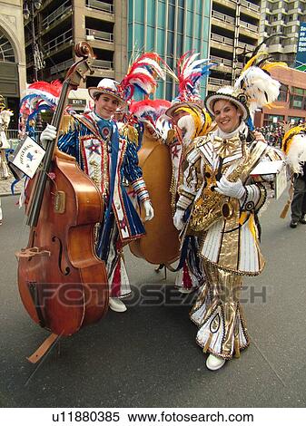 Stock Photography -  Philadelphia, PA, Pennsylvania, downtown, New Years Day, Philadelphia Annual Mummer's Day Parade, 2006, String Bands, bass violins, contrabass, saxophone. Fotosearch