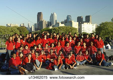 Philadelphia, PA, Pennsylvania, Downtown Skyline from the Philadelphia Museum of Art, group of students with red T-shirts posing for picture, field trip View Large Photo Image Stock Photography - Philadelphia, PA, Pennsylvania, Downtown Skyline from the Philadelphia Museum of Art, group of students with red T-shirts posing for picture, field trip . Fotosearch
