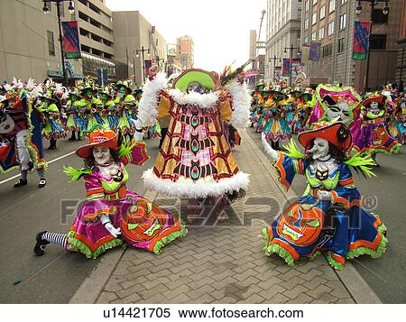 Stock Photography -  Philadelphia, PA, Pennsylvania, downtown, New Years Day, Philadelphia Annual Mummer's Day Parade, 2006, String Bands, witch costumes. Fotosearch