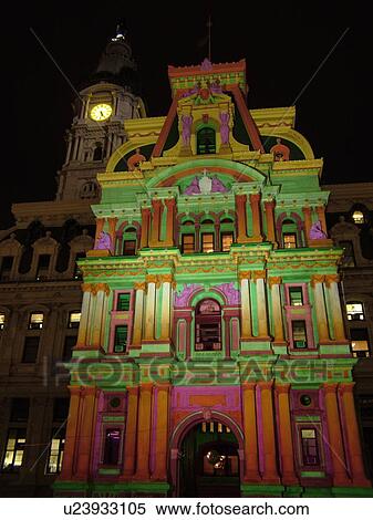 Philadelphia, PA, Pennsylvania, downtown, evening, City Hall, colorful lights on building View Large Photo Image Stock Photography - Philadelphia, PA, Pennsylvania, downtown, evening, City Hall, colorful lights on building. Fotosearch