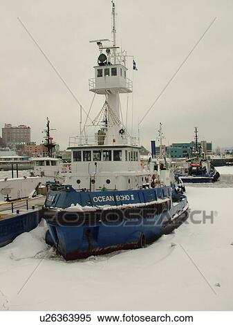 Quebec City, Quebec, Canada, Saint Lawrence River, Fleuve St-Laurent, Vieux Port, tug boats, winter, ice View Large Photo Image Stock Photography - Quebec City, Quebec, Canada, Saint Lawrence River, Fleuve St-Laurent, Vieux Port, tug boats, winter, ice. Fotosearch
