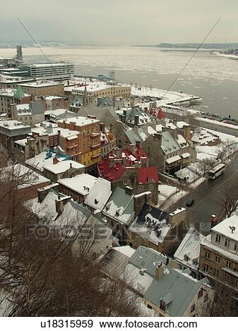 Quebec City, Quebec, Canada, View of Vieux Port (Old Port) on the St. Lawrence River (Fleuve Saint-Laurent), Place Royale, winter, ice, snow, frozen View Large Photo Image Stock Photo - Quebec City, Quebec, Canada, View of Vieux Port (Old Port) on the St. Lawrence River (Fleuve Saint-Laurent), Place Royale, winter, ice, snow, frozen. Fotosearch