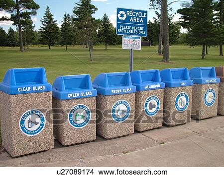 Recycling Area, recycle containers with blue tops View Large Photo Image Picture - Recycling Area, recycle containers with blue tops. Fotosearch