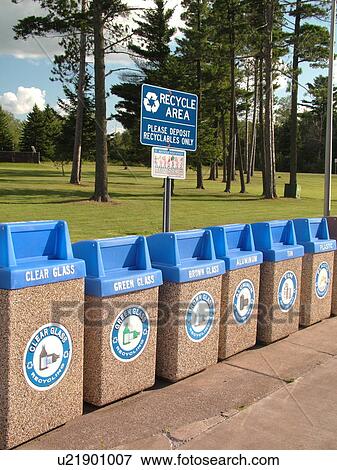 Recycling Area, recycle containers with blue tops View Large Photo Image Stock Photo - Recycling Area, recycle containers with blue tops. Fotosearch