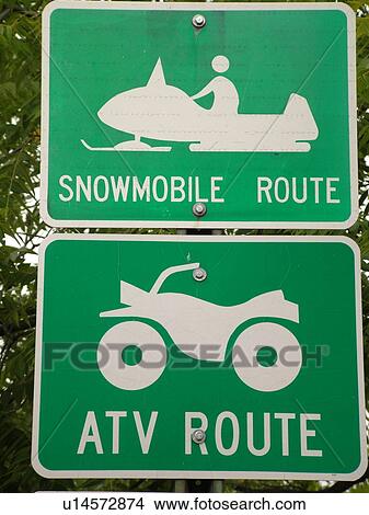 road sign, Snowmobile Route Ahead sign, ATV Route, warning sign View Large Photo Image Picture - road sign, Snowmobile Route Ahead sign, ATV Route, warning sign. Fotosearch