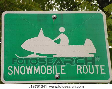 Stock Image -  road sign, Snowmobile Route Ahead sign, warning sign, . Fotosearch
