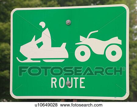 Stock Photo -  road sign, Snowmobile Route Ahead sign, ATV Route, warning sign. Fotosearch
