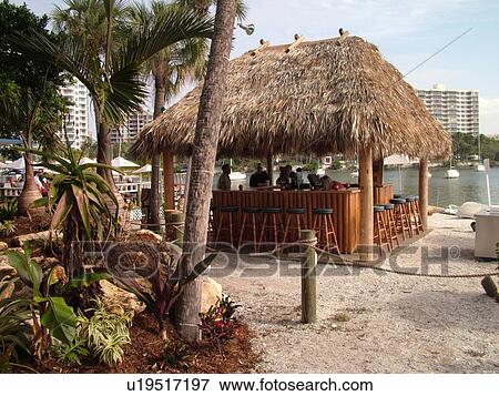 Stock Photo -  Sarasota, FL, Florida, Sarasota Bay, outdoor bar, thatched roof hut. Fotosearch