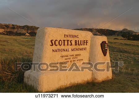 Stock Image -  Scotts Bluff National Monument, NE, Nebraska, entrance, sign. Fotosearch