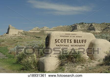 Stock Image -  Scotts Bluff National Monument, NE, Nebraska, entrance, sign. Fotosearch