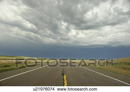 Picture -  Sheridan County, NE, Nebraska, Rt. 2. road, storm clouds, thunderstorm. Fotosearch