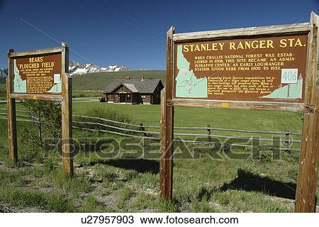 Stock Image -  Stanley, ID, Idaho, Sawtooth National Recreation Area, Sawtooth National Forest, Sawtooth Valley, Stanley Museum, Sawtooth Interpretive Association, wooden road signs, historical markers. Fotosearch