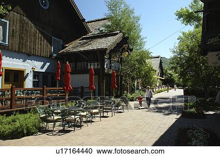 Stock Image -  Sun Valley, ID, Idaho, Sun Valley Lodge, village, shops. Fotosearch