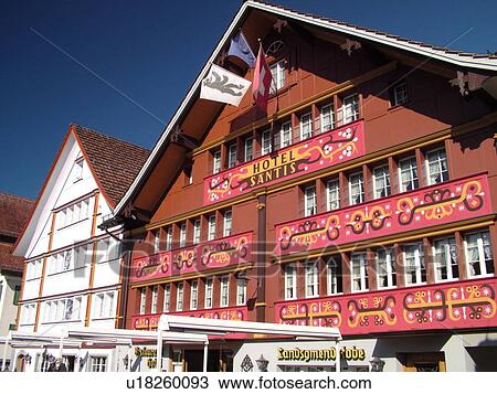 Switzerland, Europe, Appenzell, downtown, outdoor cafT, Hotel Santis adorned with brightly painted designs View Large Photo Image Stock Image - Switzerland, Europe, Appenzell, downtown, outdoor cafT, Hotel Santis adorned with brightly painted designs. Fotosearch