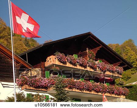 Stock Image -  Switzerland, Europe, Bern, Berne, Grindelwald, Bernese Alps, Berner Oberland, mountain chalet decorated with flowers, swiss flag. Fotosearch