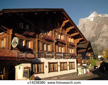 Stock Image -  Switzerland, Europe, Bern, Berne, Grindelwald, Bernese Alps, Berner Oberland, Gasthof Steinbock Hotel. Fotosearch