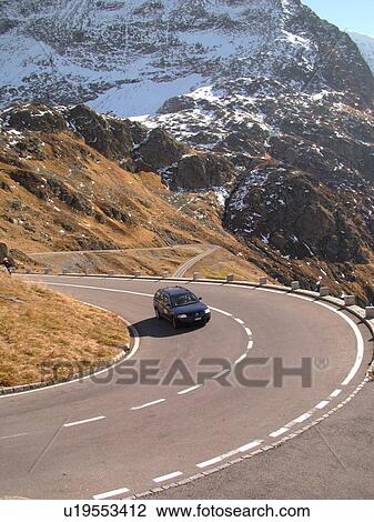 Stock Image -  Switzerland, Europe, Bern, Berne, Sustenpass, Susten Pass, Berner Oberland, switchback, mountain road. Fotosearch