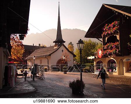 Stock Image -  Switzerland, Europe, Bern, Berne, Gstaad, Bernese Alps, Berner Oberland, village. Fotosearch