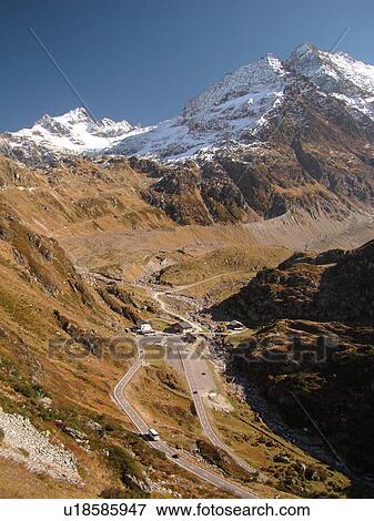 Stock Photo -  Switzerland, Europe, Bern, Berne, Sustenpass, Susten Pass, Berner Oberland, switchback, mountain road. Fotosearch