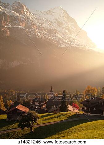 Stock Photograph -  Switzerland, Europe, Bern, Berne, Grindelwald, Bernese Alps, Berner Oberland, village, mountains, autumn. Fotosearch