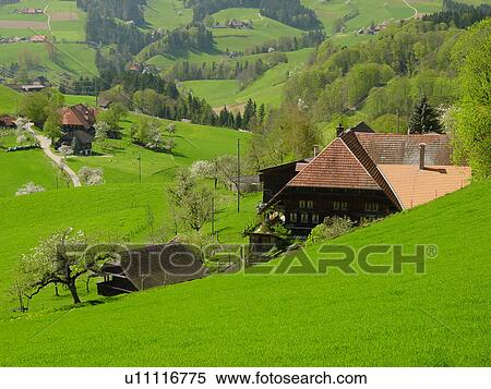 Stock Photography -  Switzerland, Europe, Emmental, Affoltern, Bern, farmhouse, spring. Fotosearch