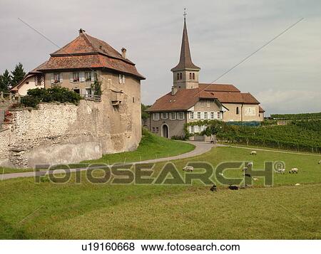 Stock Photo -  Switzerland, Europe, Fribourg, Font, Vers l'Eglise. Fotosearch